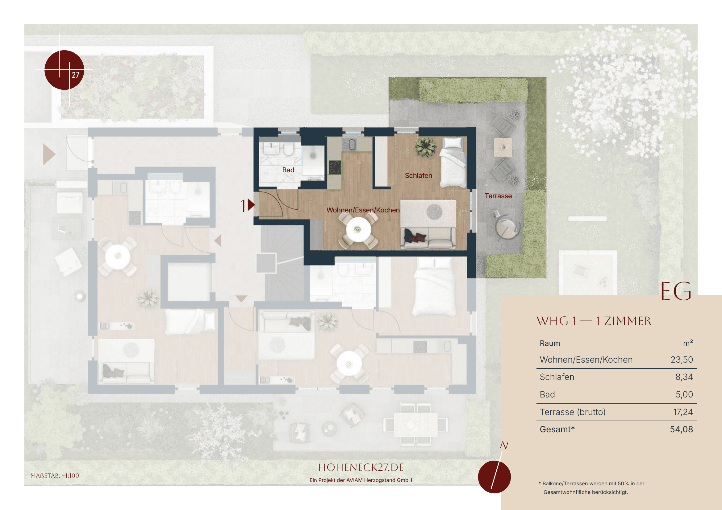 Grundriss Wohnung 1 — Erdgeschoss, 1 Zimmer
