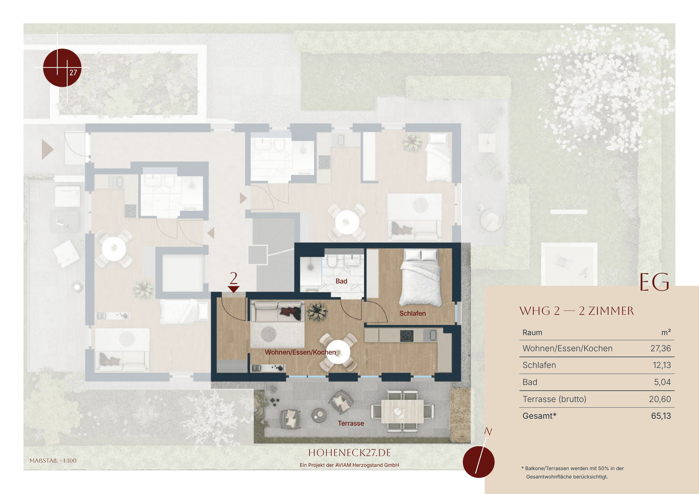 Grundriss Wohnung 2 — Erdgeschoss, 2 Zimmer