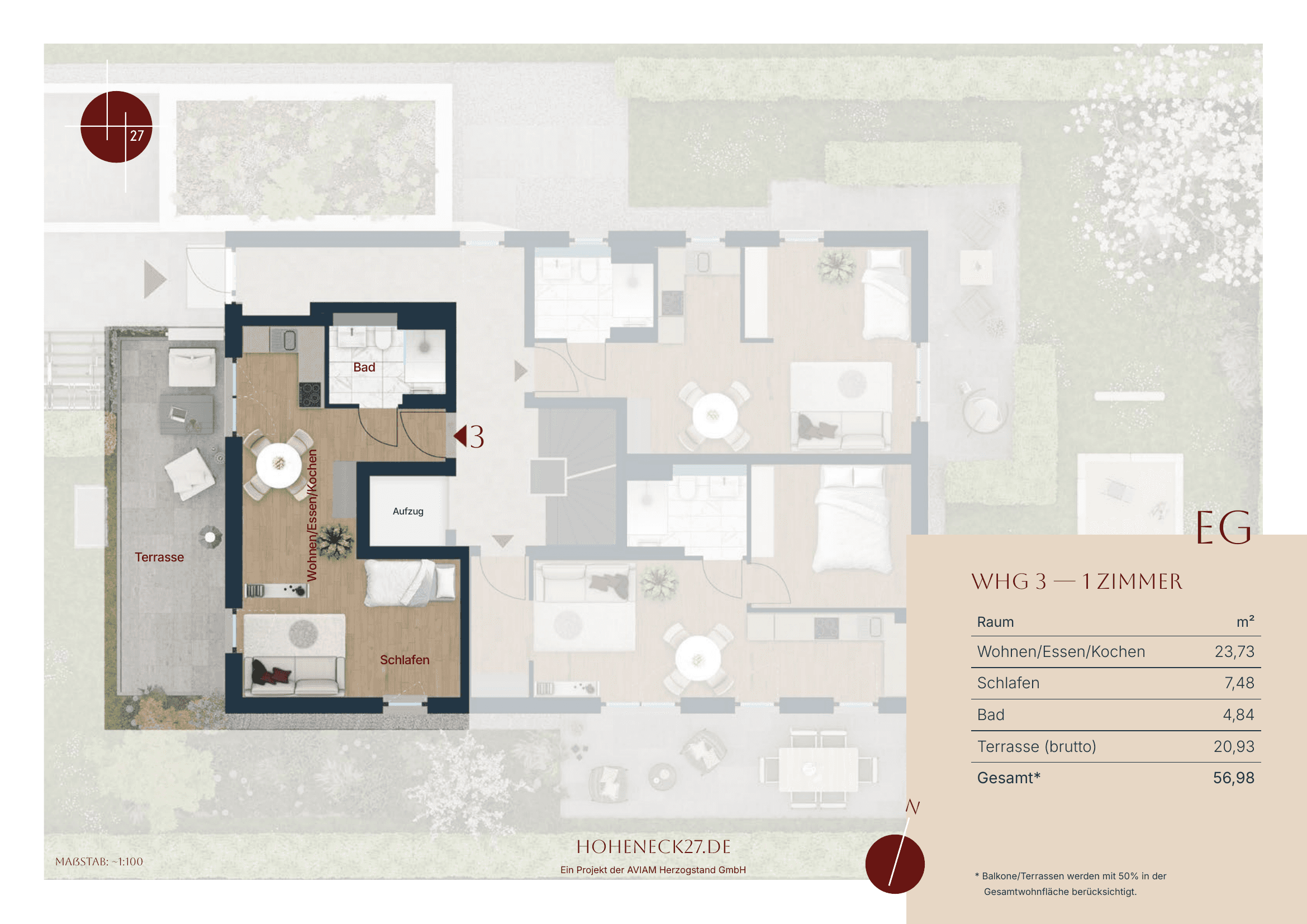 Grundriss Wohnung 3 — Erdgeschoss, 1 Zimmer