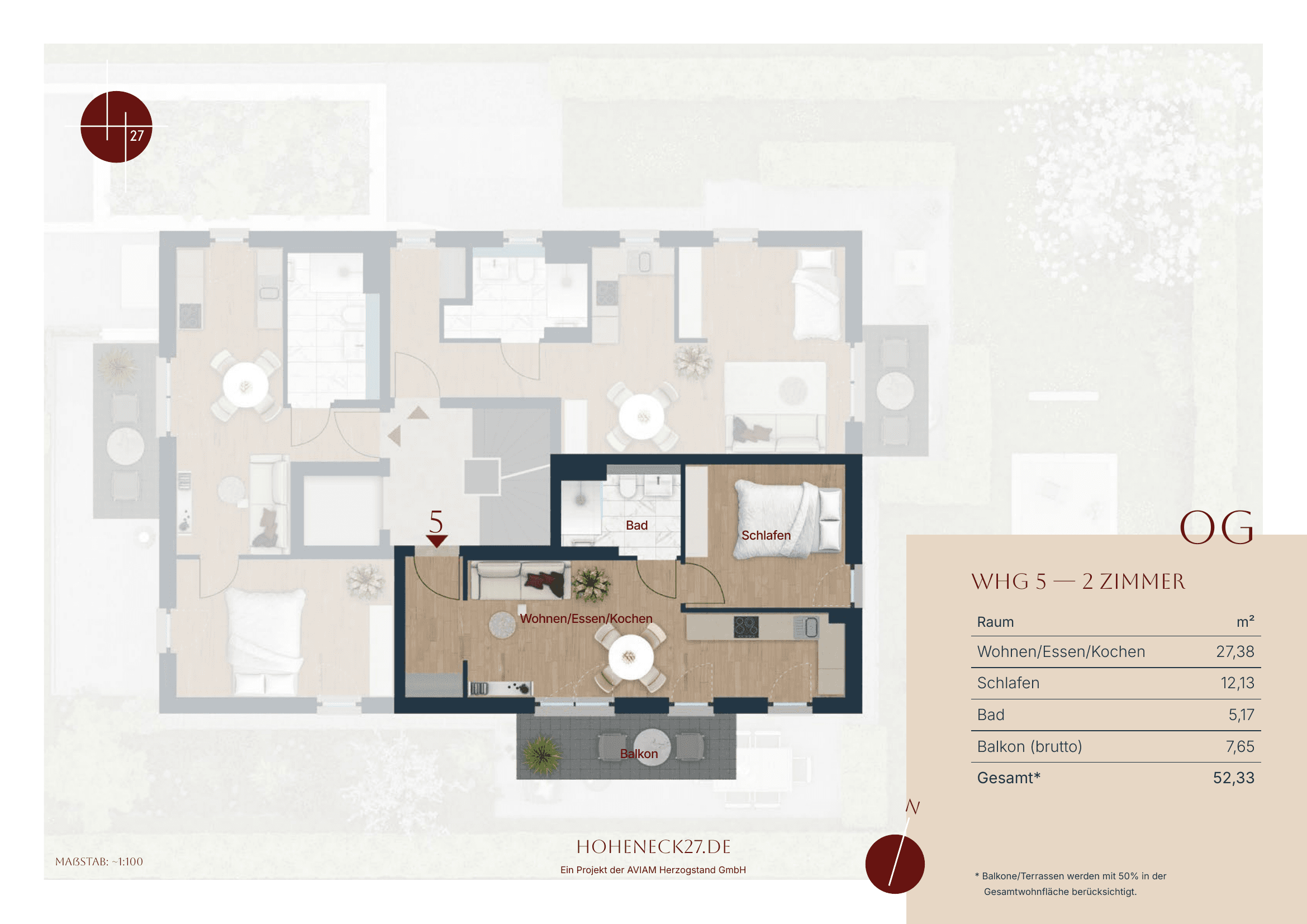 Grundriss Wohnung 5 — Obergeschoss, 2 Zimmer
